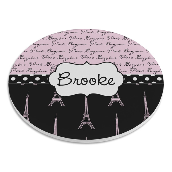 Paris Bonjour and Eiffel Tower Round Stone Trivet - Angle View