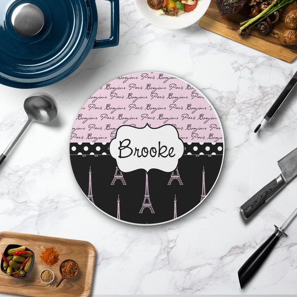 Paris Bonjour and Eiffel Tower Round Stone Trivet - In Context View