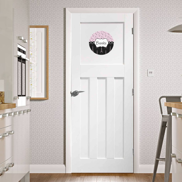 Paris Bonjour and Eiffel Tower Round Wall Decal on Door