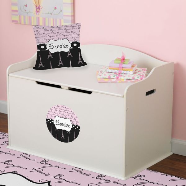 Paris Bonjour and Eiffel Tower Round Wall Decal on Toy Chest