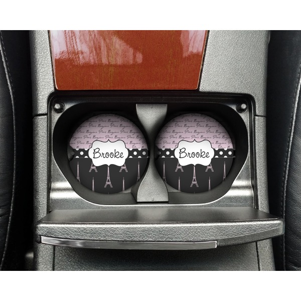 Paris Bonjour and Eiffel Tower Sandstone Car Coaster - In Cup Holder