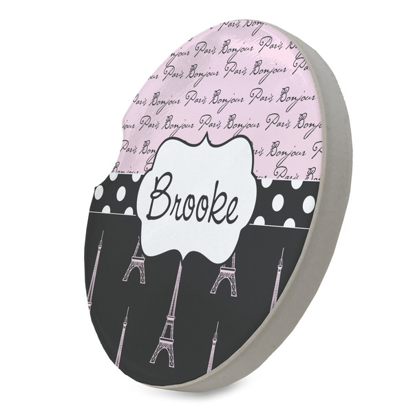 Paris Bonjour and Eiffel Tower Sandstone Car Coaster - STANDING ANGLE