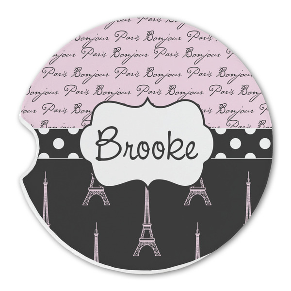 Custom Paris Bonjour and Eiffel Tower Sandstone Car Coaster - Single (Personalized)
