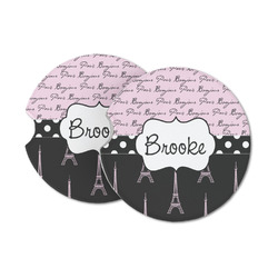 Paris Bonjour and Eiffel Tower Sandstone Car Coasters - Set of 2 (Personalized)