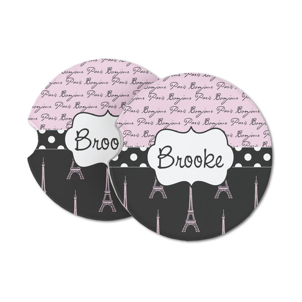 Custom Paris Bonjour and Eiffel Tower Sandstone Car Coasters - Set of 2 (Personalized)