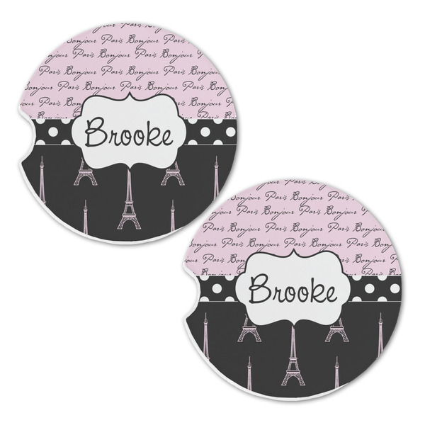 Paris Bonjour and Eiffel Tower Sandstone Car Coasters - Set of 2