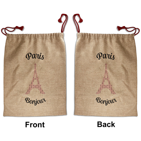 Paris Bonjour and Eiffel Tower Santa Bag - Front and Back
