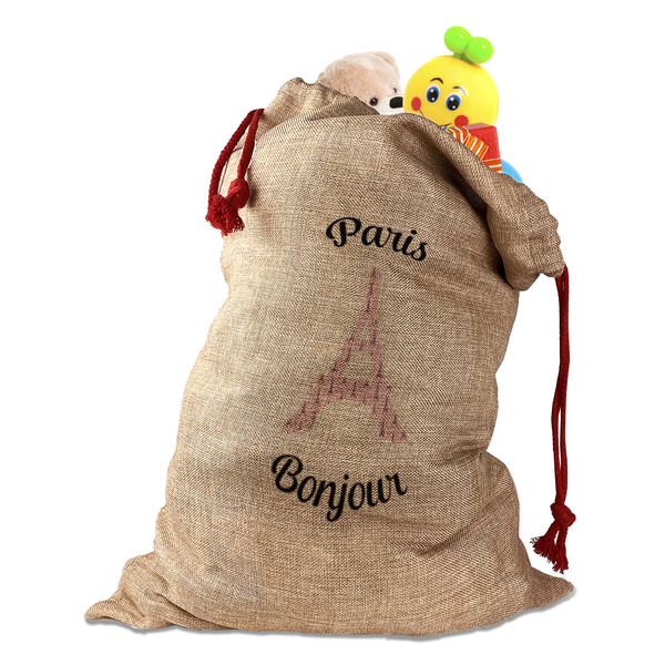Custom Paris Bonjour and Eiffel Tower Santa Sack (Personalized)