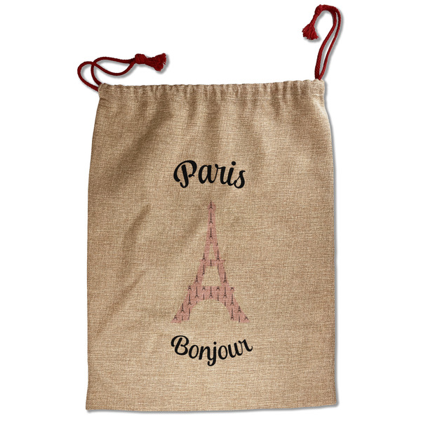 Custom Paris Bonjour and Eiffel Tower Santa Sack - Front (Personalized)