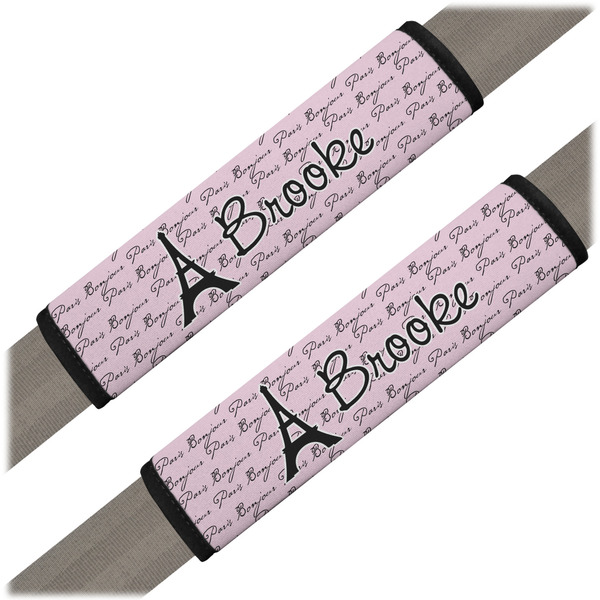 Custom Paris Bonjour and Eiffel Tower Seat Belt Covers (Set of 2) (Personalized)