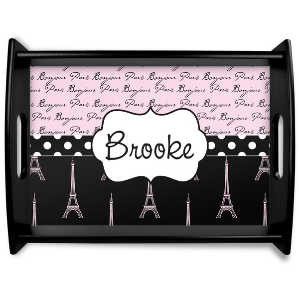 Custom Paris Bonjour and Eiffel Tower Black Wooden Tray - Large (Personalized)
