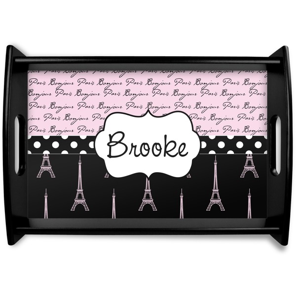 Custom Paris Bonjour and Eiffel Tower Black Wooden Tray - Small (Personalized)