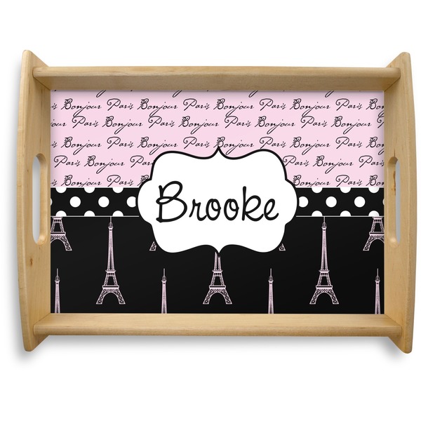Custom Paris Bonjour and Eiffel Tower Natural Wooden Tray - Large (Personalized)