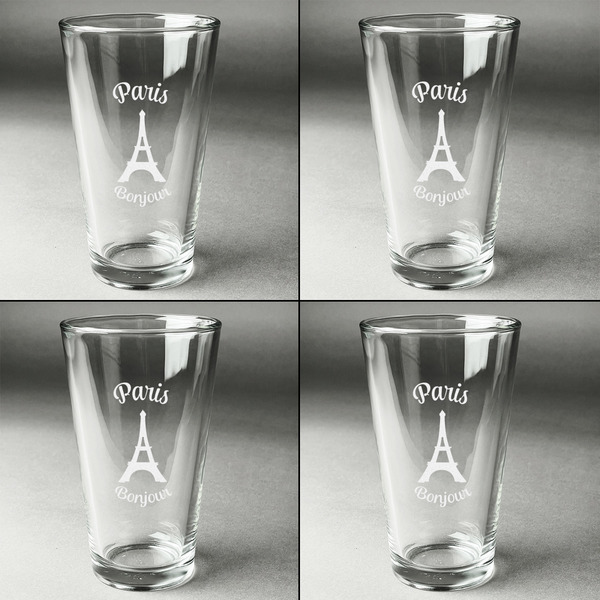 Paris Bonjour and Eiffel Tower Set of Four Engraved Beer Glasses - Individual View
