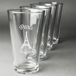Paris Bonjour and Eiffel Tower Pint Glasses - Engraved (Set of 4) (Personalized)