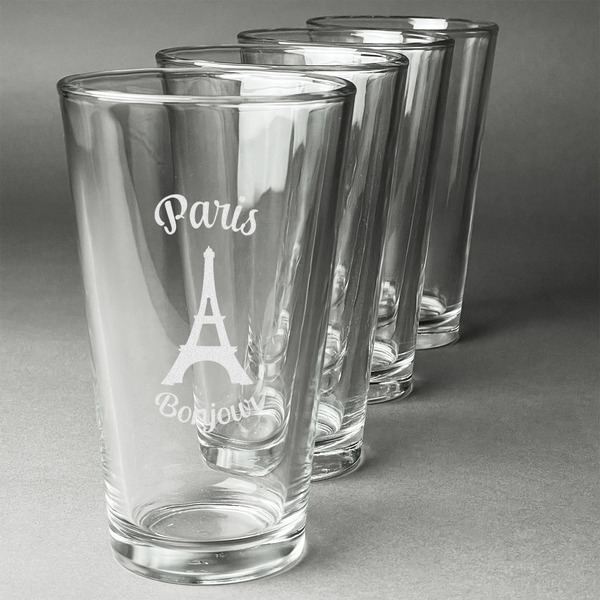 Custom Paris Bonjour and Eiffel Tower Pint Glasses - Engraved (Set of 4) (Personalized)