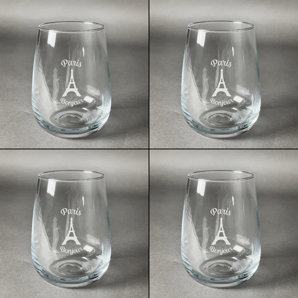 Paris Bonjour and Eiffel Tower Set of Four Personalized Stemless Wineglasses (Approval)