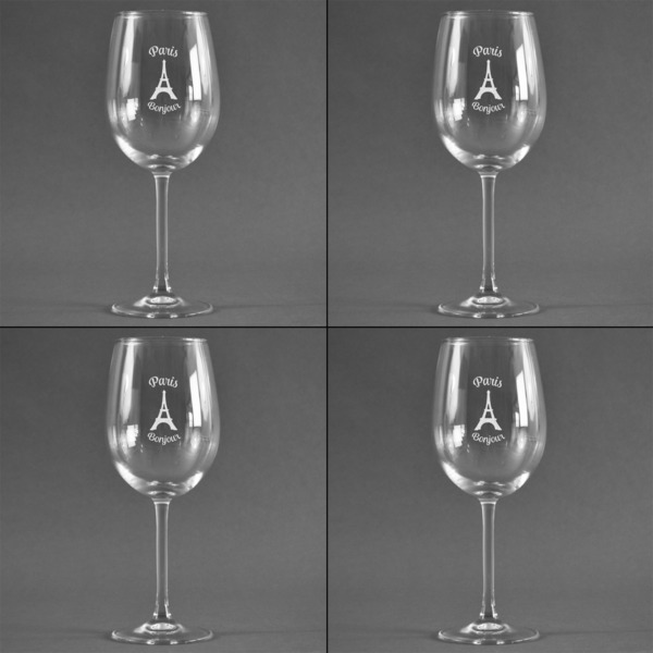 Paris Bonjour and Eiffel Tower Set of Four Personalized Wineglasses (Approval)