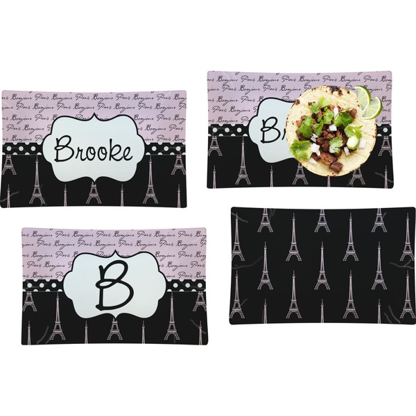 Custom Paris Bonjour and Eiffel Tower Set of 4 Glass Rectangular Lunch / Dinner Plate (Personalized)