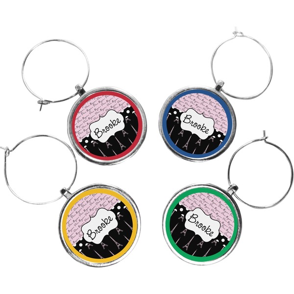 Custom Paris Bonjour and Eiffel Tower Wine Charms (Set of 4) (Personalized)