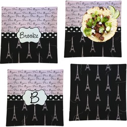 Paris Bonjour and Eiffel Tower Set of 4 Glass Square Lunch / Dinner Plate 9.5" (Personalized)