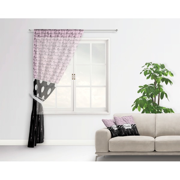 Paris Bonjour and Eiffel Tower Sheer Curtain With Window and Rod - in Room Matching Pillow