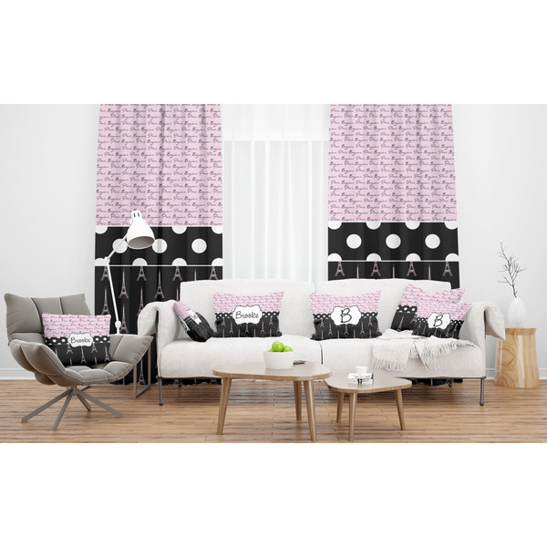 Paris Bonjour and Eiffel Tower Sheer and Custom Curtains in Room with Matching Pillows