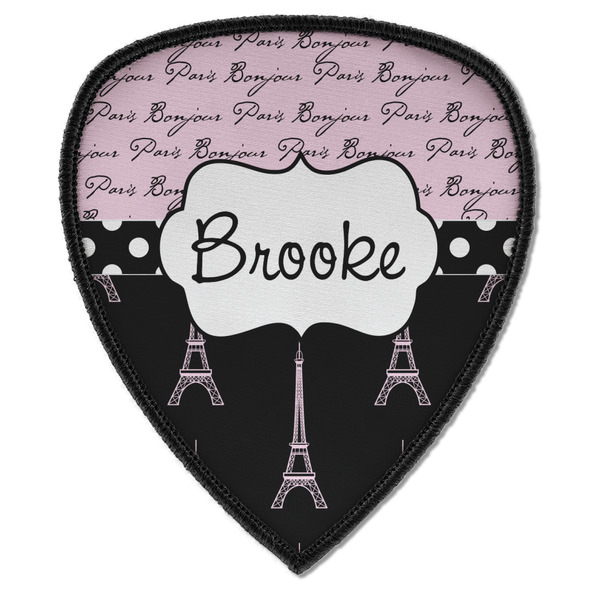Custom Paris Bonjour and Eiffel Tower Iron on Shield Patch A w/ Name or Text