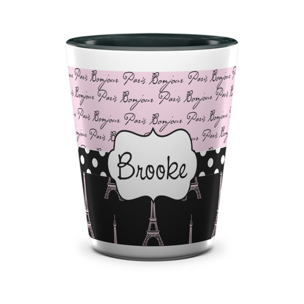 Custom Paris Bonjour and Eiffel Tower Ceramic Shot Glass - 1.5 oz - Two Tone - Set of 4 (Personalized)