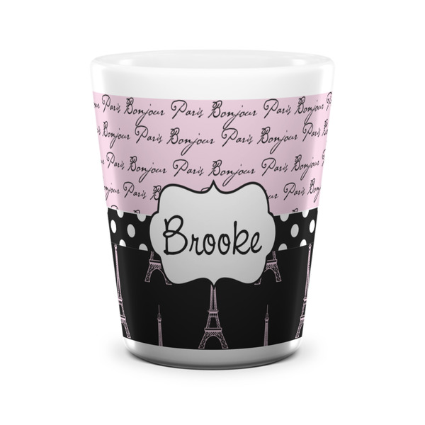 Custom Paris Bonjour and Eiffel Tower Ceramic Shot Glass - 1.5 oz - White - Set of 4 (Personalized)