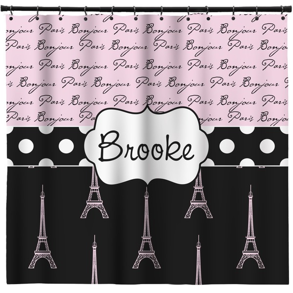 Custom Paris Bonjour and Eiffel Tower Shower Curtain - 71" x 74" (Personalized)