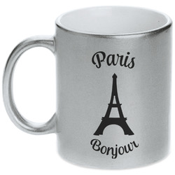 Paris Bonjour and Eiffel Tower Metallic Silver Mug (Personalized)