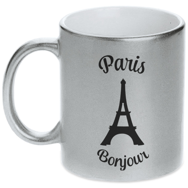 Custom Paris Bonjour and Eiffel Tower Metallic Silver Mug (Personalized)