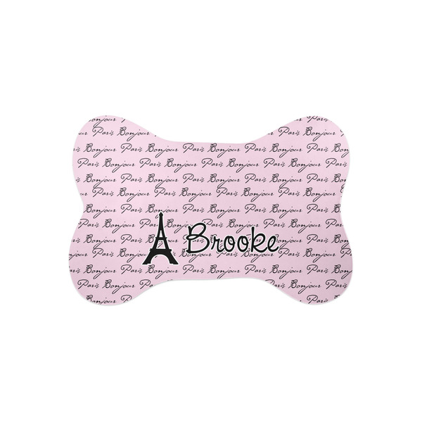 Custom Paris Bonjour and Eiffel Tower Bone Shaped Dog Food Mat (Small) (Personalized)