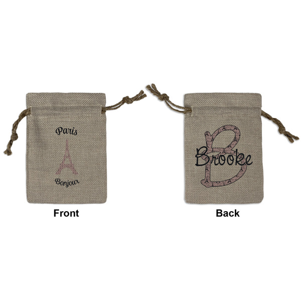 Custom Paris Bonjour and Eiffel Tower Small Burlap Gift Bag - Front & Back (Personalized)