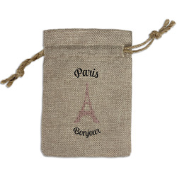 Paris Bonjour and Eiffel Tower Small Burlap Gift Bag - Front (Personalized)