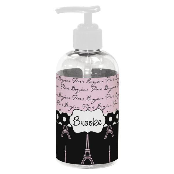 Custom Paris Bonjour and Eiffel Tower Plastic Soap / Lotion Dispenser (8 oz - Small - White) (Personalized)