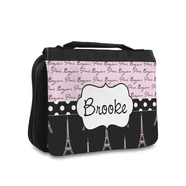Custom Paris Bonjour and Eiffel Tower Toiletry Bag - Small (Personalized)