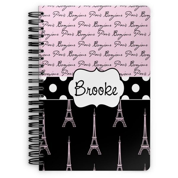 Custom Paris Bonjour and Eiffel Tower Spiral Notebook - 7x10 w/ Name or Text