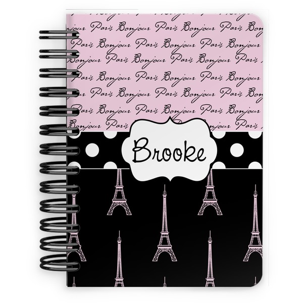 Custom Paris Bonjour and Eiffel Tower Spiral Notebook - 5x7 w/ Name or Text