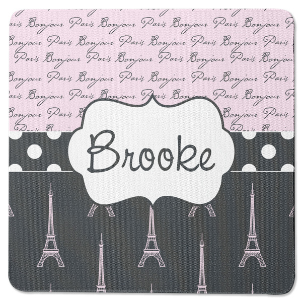 Custom Paris Bonjour and Eiffel Tower Square Rubber Backed Coaster (Personalized)