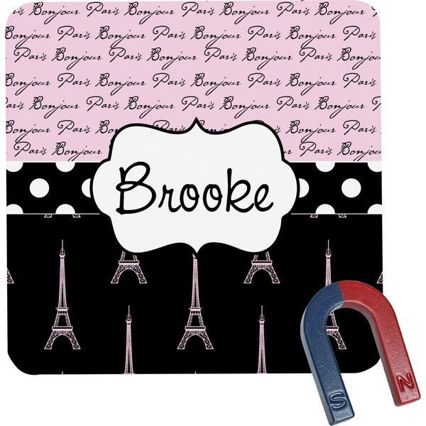 Custom Paris Bonjour and Eiffel Tower Square Fridge Magnet (Personalized)
