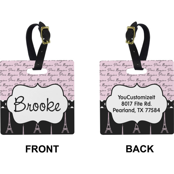 Paris Bonjour and Eiffel Tower Square Luggage Tag (Front + Back)