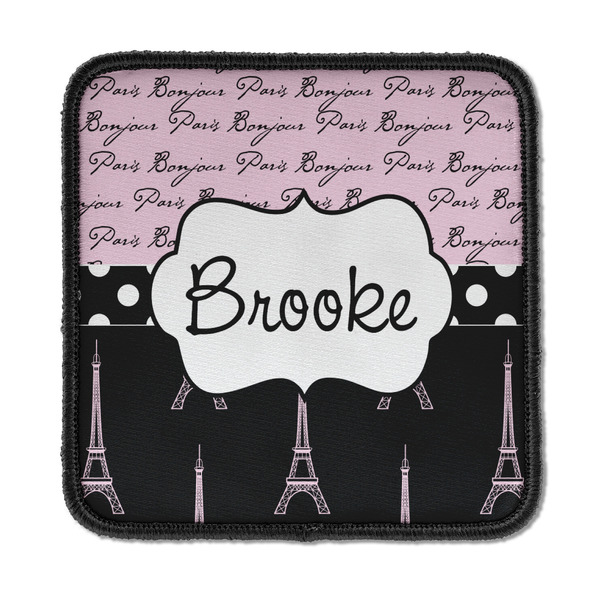 Custom Paris Bonjour and Eiffel Tower Iron On Square Patch w/ Name or Text