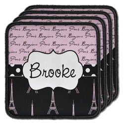 Paris Bonjour and Eiffel Tower Iron On Square Patches - Set of 4 w/ Name or Text