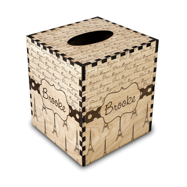 Custom Paris Bonjour and Eiffel Tower Wood Tissue Box Cover - Square (Personalized)
