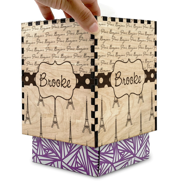 Paris Bonjour and Eiffel Tower Square Tissue Box Covers - Wood - with box