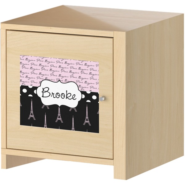Paris Bonjour and Eiffel Tower Square Wall Decal on Wooden Cabinet