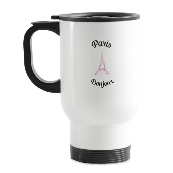 Custom Paris Bonjour and Eiffel Tower Stainless Steel Travel Mug with Handle