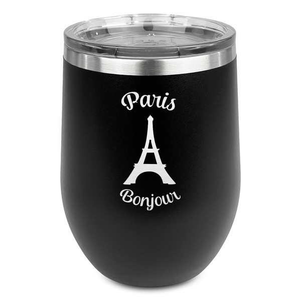 Custom Paris Bonjour and Eiffel Tower Stemless Stainless Steel Wine Tumbler - Black - Double Sided (Personalized)